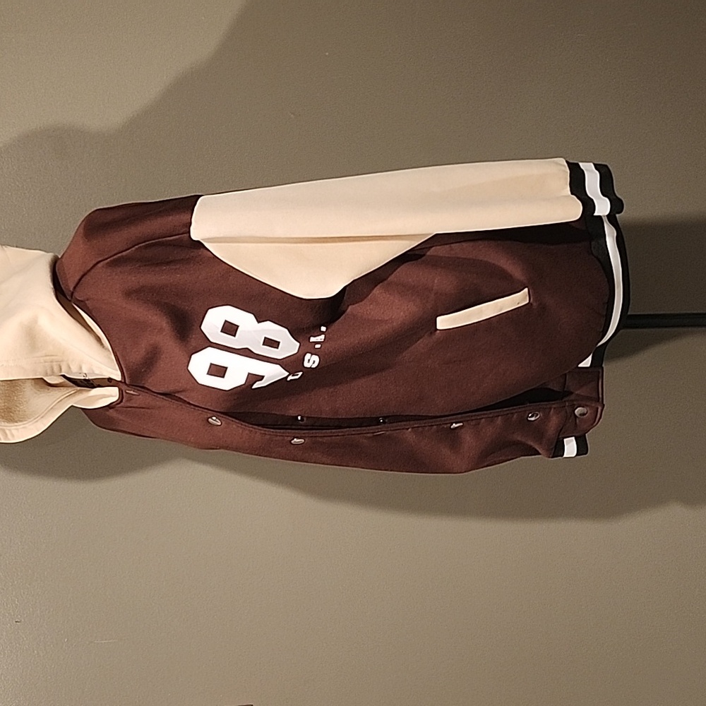 Brown and Cream Varsity Jacket with Hood - Picture 3 of 4